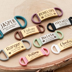 May include: A collection of personalized pet ID tags in various colors, including teal, brown, and pink. Each tag features a name and contact information, with some including additional details like "needs meds."