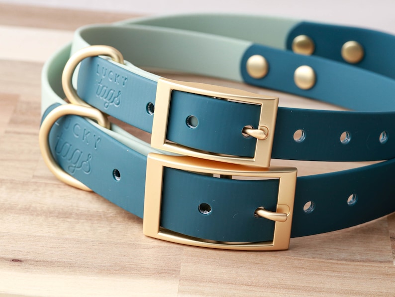 Waterproof Dog Collar Pet Collar Teal Collar PVC Coated Waterproof Personalized Dog Collar Faux Leather Collar Teal Blue Teal / Gold