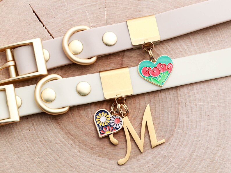May include: Two white leather dog collars with gold hardware and charms. One charm is a heart with red tulips on a green background. The other charm is a heart with colorful flowers and the letter M.