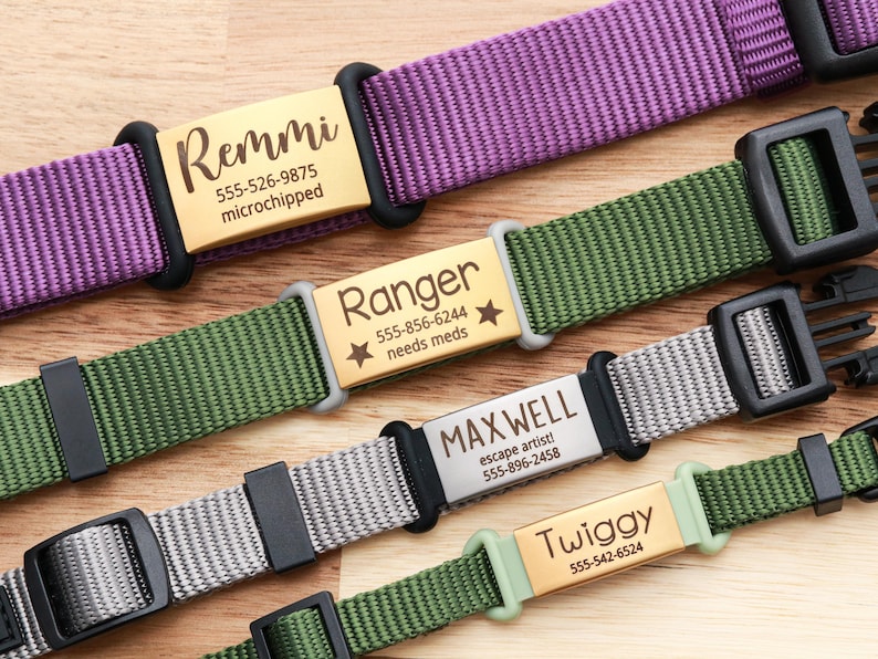 May include: Close-up of four personalized dog collars in purple, green, gray, and green. Each collar features a metal nameplate with a dog's name and contact information. The collars have black plastic buckles and are made of durable nylon.