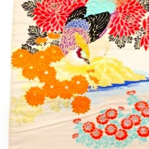 O012, Antique Nagoya-obi, Remake Material, Historical Material, Silk, Tapestry, Beige, Pheasant(Kiji), National Bird, Chrysanthemum
