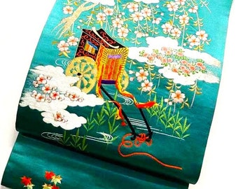 O010, RARE, Antique Chu-ya Obi, Pure Silk Kimono Obi Belt, Sash, Tapestry, Table Runner,  Gosho-guruma, Cherry Blossoms, Autumn Leaves