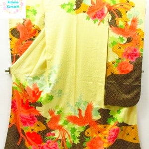 FU013, Vintage Furisode Kimono, Kimono Length 168cm, Pale Yellow, Long-Tailed Bird, Peony, Maple, Seigaiha Wave, Hand-Embroidered