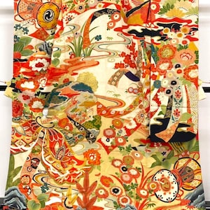 FU010, RARE, Antique Furisode Kimono, Japanese Black Furisode, Hiki-Furisode, Kimono Length 168cm, Hand Drum, Crane, Momi , Museum Quality