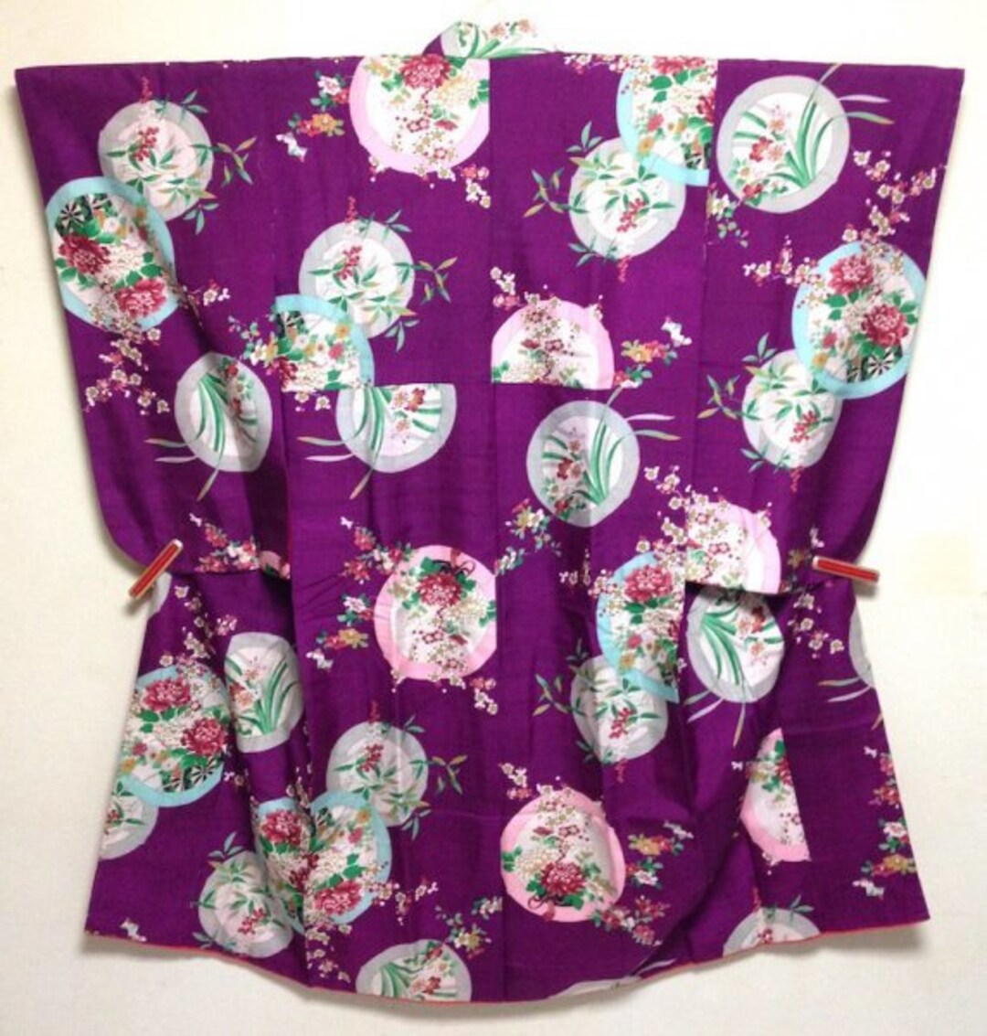 G002 女の子用 アンティーク小紋着物 着物丈122cm 正絹丸紋花車 紫 7歳