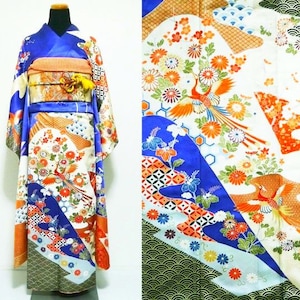 FU008, Vintage Furisode Kimono, Kimono Robe, Japanese Formal Kimono, Kimono Length 162cm, Silk, Rinzu, Blue, Phoenix , Classic Pattern