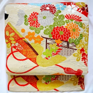 SO003, RARE, Antique Ro Maru Obi, Silk Summer Kimono Obi Belt, Sash, Tapestry, Table Runner, Bed Throw, White, Autumn Flowers, Taisho Roman