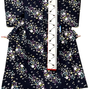 SYU004, MINT, Unused Vintage Yukata and Half Width Obi, Japanese Summer Kimono, Kimono Length 163cm, Cotton, Navy, Flower, Japanese Guitar