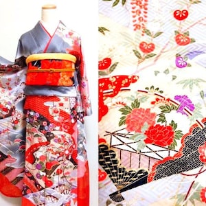 FU004, Vintage Furisode Kimono, Kimono Robe, Japanese Formal Kimono, Kimono Length 167cm, Silk, Gray, Red, Crane, Flower Fan