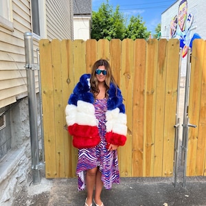 Cruella de Bills Buffalo Faux Fur Coat- Red White and Blue USA 4th of July- Buffalo Bills Fur- Check Sizing please
