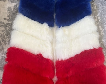 Cruella de Bills red white and blue faux fur vest