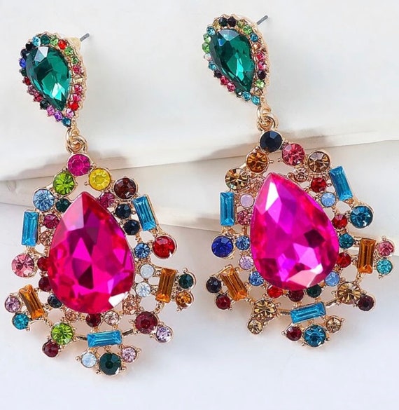 krydstogt etc resterende Multi Color Rhinestone Earrings Fuchsia and Multi Color - Etsy