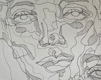 A4 three faces abstract portrait drawing, fine line hand drawn, on paper, black pen and ink