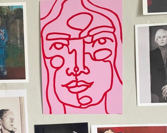 A5 continuous line portrait, pink and red illustration, abstract, continuous line