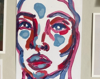 A5 Portrait of a woman, painted, print, gouache, bright colours, abstract