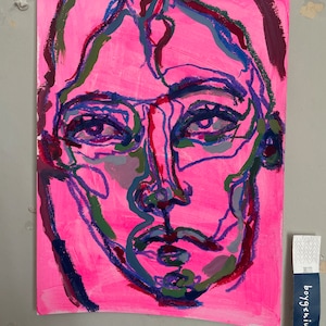 A4 hand made mixed media neon portrait, abstract oil pastel, acrylic paint portrait