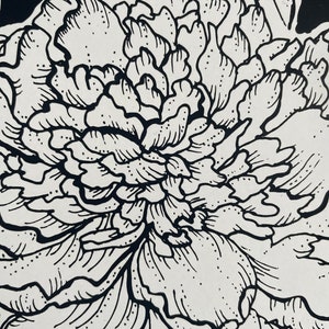 May include: Black and white line drawing of a large, detailed peony flower.