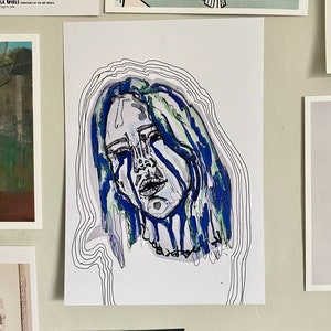 A5 Billie Eilish art print, hand drawn digital print, abstract, blue