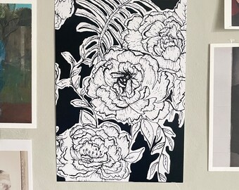 A5 floral and bee illustration, print, flowers, detailed line drawing