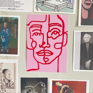 A5 continuous line print, pink and red portrait, abstract, illustration