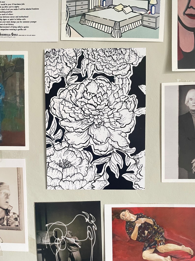 May include: Black and white line art print of peonies on a black background. The peonies are in full bloom and have a detailed design.
