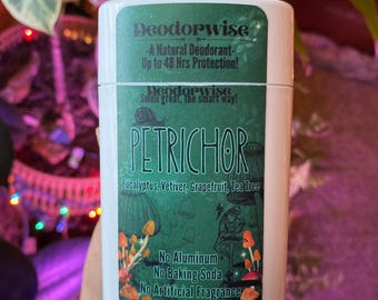 May include: A white deodorant stick with a green label featuring the text "Deodorwise" and "PETRICHOR". The label also lists ingredients and features a mushroom illustration. The product is 2.65 oz.