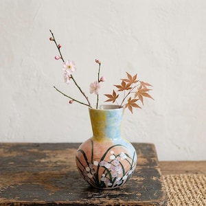 Handpainted Porcelain Ikebana Vase, Minimalist Artisan Ceramic Living Room Decor