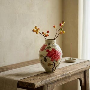 Hand-Painted Ceramic Vase, Rustic Japandi Hydrangea Planter, Wabi Sabi Pottery Home Decor