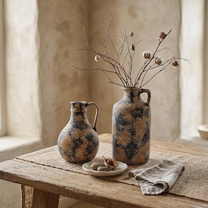 May include: Two rustic ceramic vases with handles, one cylindrical and one jug-shaped, feature a mottled brown and black pattern. A small white dish holds pebbles and a seed pod. Cotton stems are in the taller vase. A linen napkin rests on a wooden table.