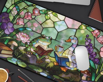 Stained Glass Frog and Duck Reading Desk Mat | Floral Pond Mousepad