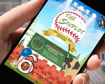 May include: A digital invitation for a baseball-themed birthday party. The invitation features a cartoon baseball with the text "The Sandlot" and a cartoon dog holding a baseball bat. The invitation text reads "You're invited to The Sandlot for Cayden's 6th Birthday. Saturday, July 12th, 123 Bambino Way, Your City. RSVP with mom at xxx-xxx-xxxx."