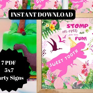 Instant Download PINK Dinosaur Party Signs Dino Food Sign Birthday Party Dinosaur Baby Shower Printables Trex Theme Table Signs