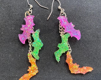 Neon Bat Earrings Halloween Jewelry, Glow Blacklight Reactive Dangle Earrings, Spooky Season Accessories, Rave Halloween Earrings