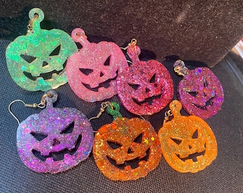 Neon Blacklight Glitter Glow in the Dark Pumpkin Earrings Happy Halloween Festive Custom Colors Spooky