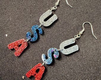 USA Letter Dangle Earrings, 4th of July Jewelry, Patriotic Red White Blue Earrings, Independence Day Accessories