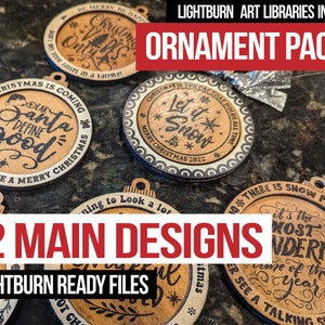 May include: Twelve wooden Christmas ornament designs with laser-cut designs. The ornaments feature various Christmas-themed phrases, including "Dear Santa Define Good", "Let it Snow", and "It's the Most Wonderful Time of the Year". The text "Ornament Pack 3" and "12 Main Designs" is displayed in red.