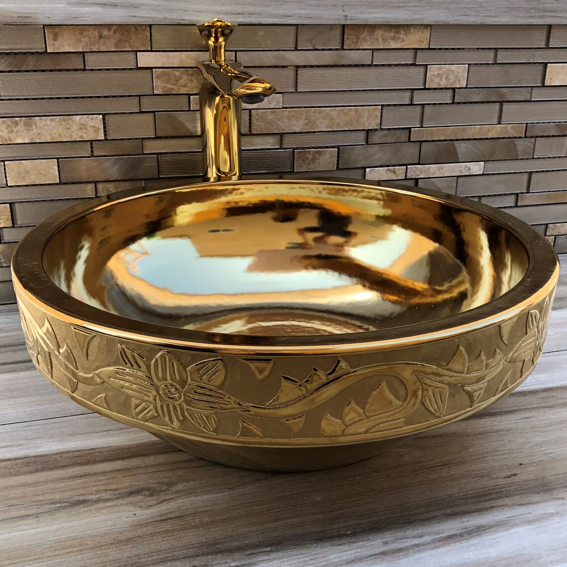 Gold Vessel Sink Round Golden Washbasin Countertop Basin Etsy