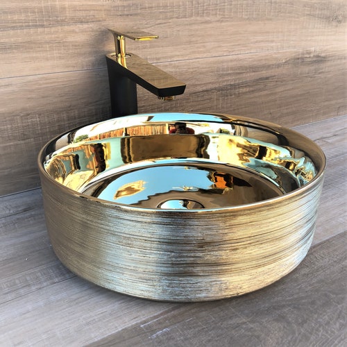 Gold Color Vessel Sink Thea Golden Countertop Washbasin Etsy
