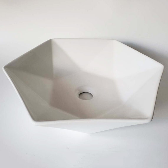 White 21 Hexagon Vessel Bathroom Sink Countertop Etsy