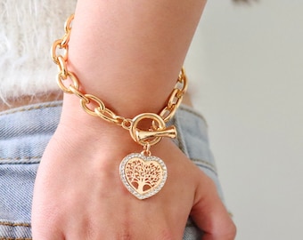 Bracciale Portafortuna Donna Con Albero Della Vita E Ciondoli A Cuore. Catena Snake In Argento Con Perline E Charm. Lunghezza Regolabile 18-22 Cm, Spessore 2,4 Mm. Leggero (12g).