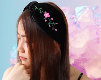 Black Velvet Floral Embroidered Headband, Vintage Style Head Band, Comfortable Knotted Headband, Wide Thick Head Piece, Unique Gift For Her