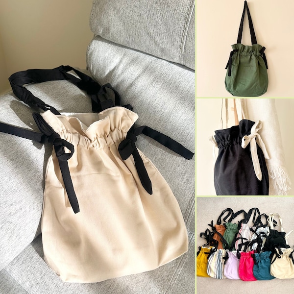 Sac fourre-tout en lin avec cordon de serrage, sac seau pour femme en lin avec bretelles noeud papillon, sac de tous les jours fait main, sac fourre-tout avec poche, idée cadeau fait main