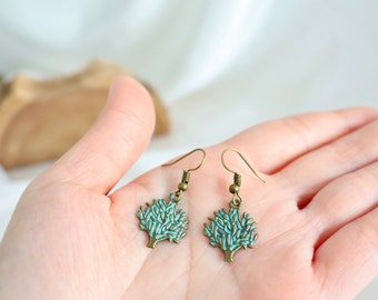 Vintage Oxidised Design Earring, Tree Dangle Drop Earrings, Antique Bronze Earring, Green Tree Charm, Boho Style, Bohemian Vintage Jewellery