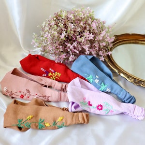 Embroidered Twist Turban Headband for Women, Linen Expandable Knots Headband, Unique Hair Accessory, Hand Stitched Floral, Gift for Her