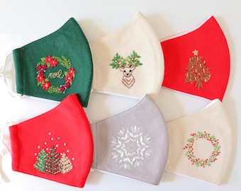 Hand Embroidered Christmas Face Mask, Limited Edition Reusable Linen Holidays Mask, Adjustable Mask, Outdoor Face Cover, Christmas Gift Mask