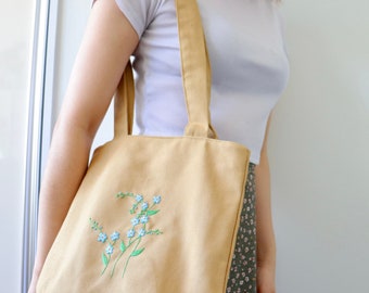 Flower Embroidered Canvas Tote Bag, Linen Eco Friendly Grocery Bag, Korean Shoulder Bag with Zipper Inner Pocket, Unique Bag