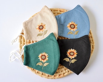 Hand Embroidered Sunflower Face Mask on Linen for Women, Reusable Eco Friendly Fabric, Adult Kawaii Style, Flowers Face Cover for Outdoor