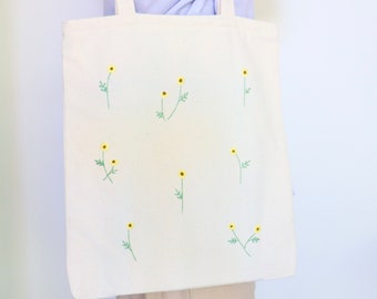 Daisy Borduurdoek Tas, Linnen herbruikbare wildflower boodschappentas, schoudertas met rits en binnenzak, cadeau voor haar