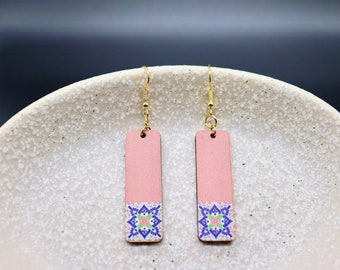 Pink Rectangle Wooden Earring, Lightweight Geometric Earring for Women, Gift for her