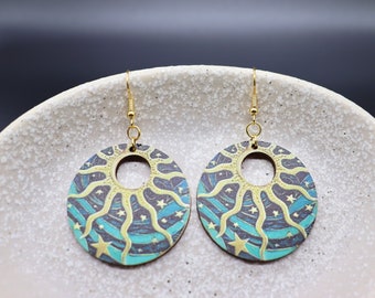 Sustainable Lightweight Dangle Earrings from Drop Wood, Blue Wooden Sky Charm, Circle Sun and Star Earrings, Unique Gift for Her